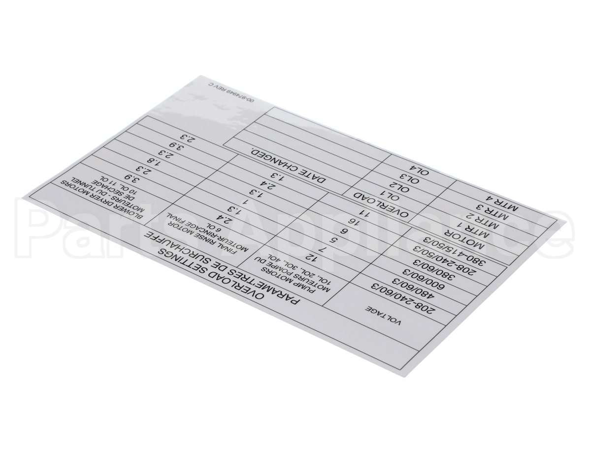 00-974949 Hobart Label, Overload Settings