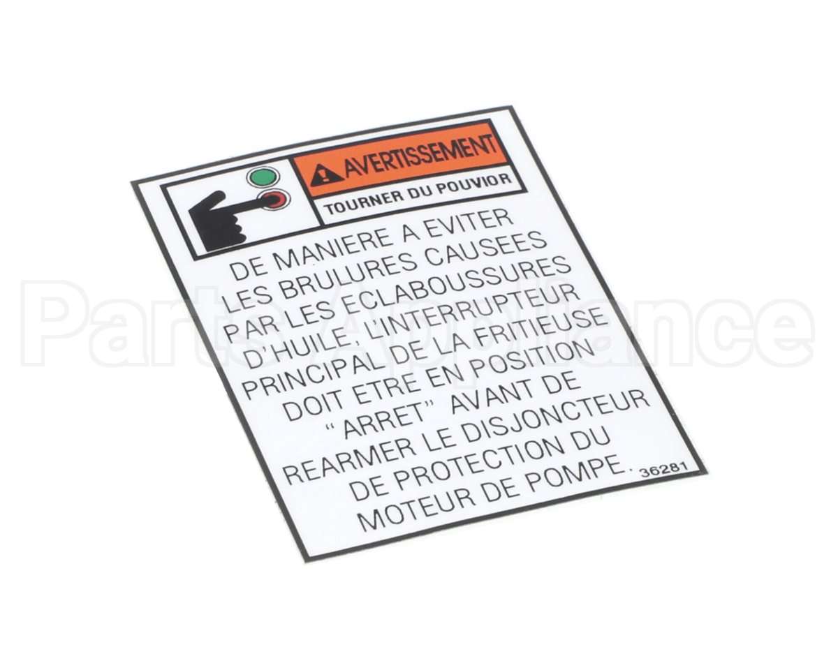 36281 Henny Penny Label-Warning Pump Motor Fr.