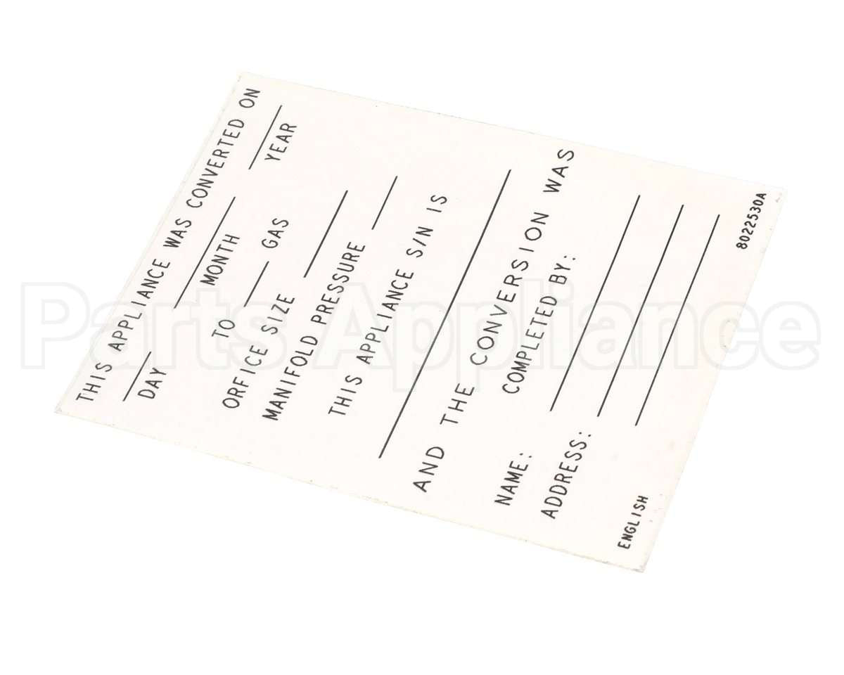 8022530 Frymaster Label,Conversion Date, English