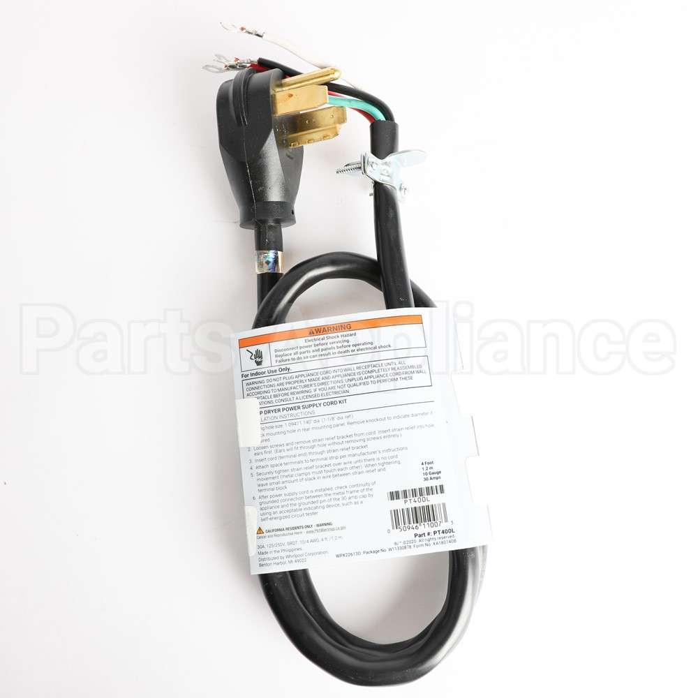 PT400L Whirlpool Dryer Cord - 4 Wire 30 Amp 4'