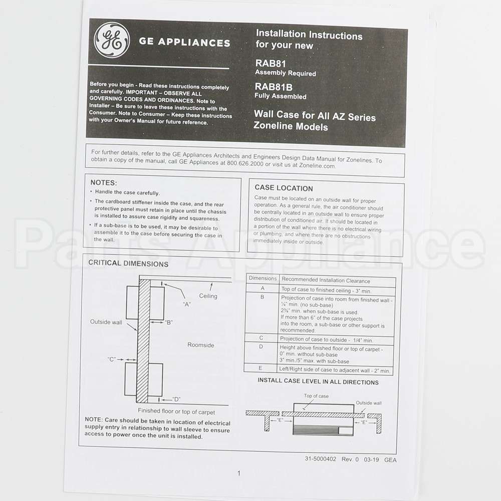 RAB81 GE Zline Wall Case-Az46/Az65 Series-Unassmb