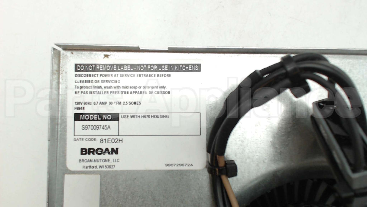 S97009745 Broan Srv Fan Assy F 684 Service