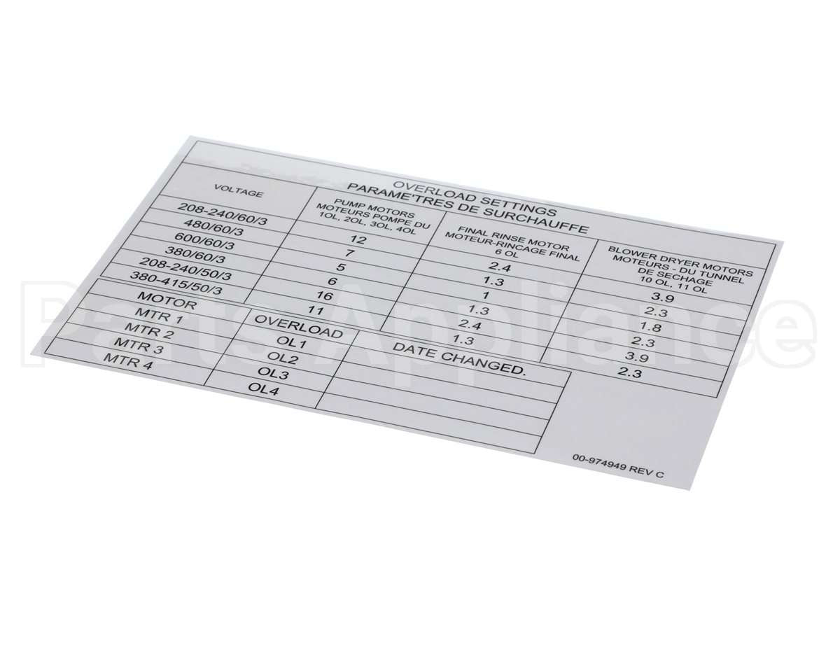 00-974949 Hobart Label, Overload Settings