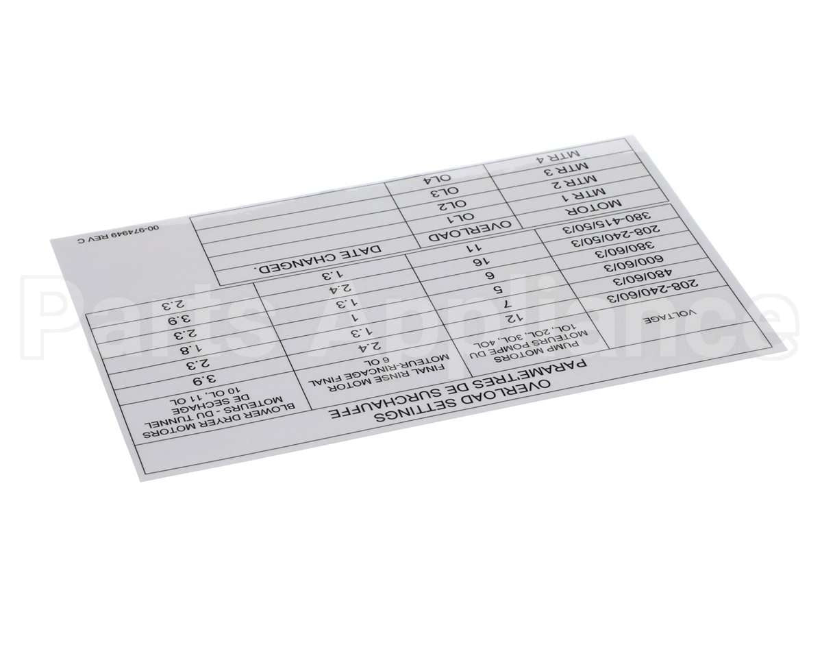 00-974949 Hobart Label, Overload Settings