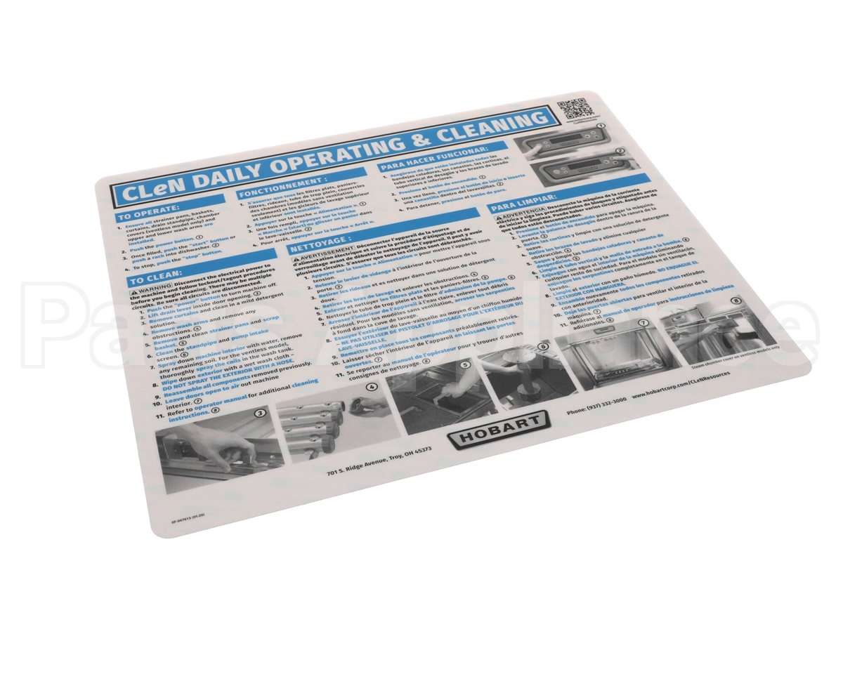 0F-047613 Hobart Label, Operating Cleaning Istr