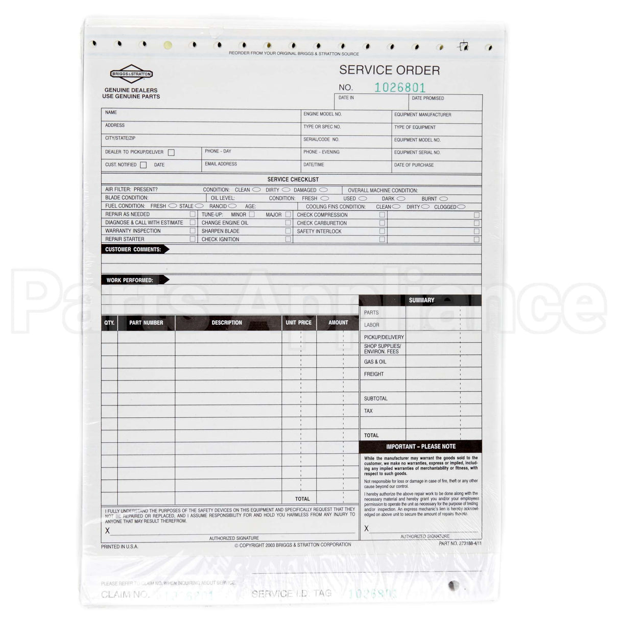 273188 Briggs & Stratton Repair Order W/Lam