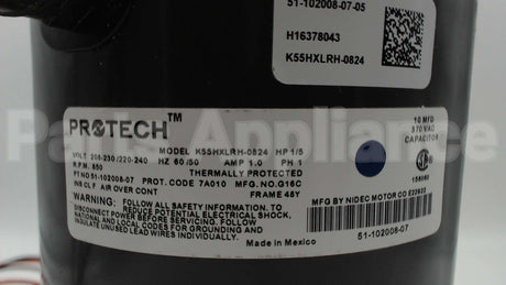 51-102500-04 Rheem-Ruud 1/5Hp 208/230V 825Rpm 1Spd Mtr