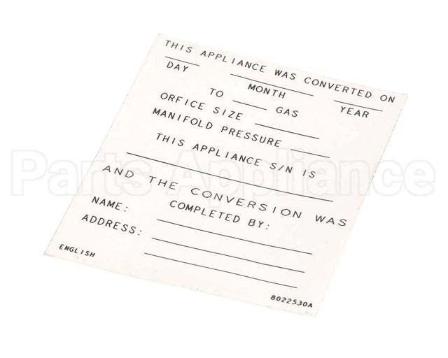 8022530 Frymaster Label,Conversion Date, English