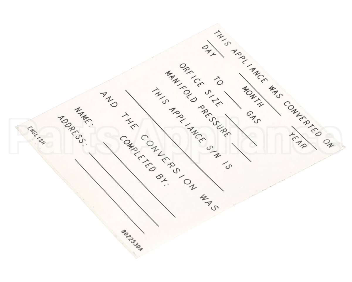 8022530 Frymaster Label,Conversion Date, English