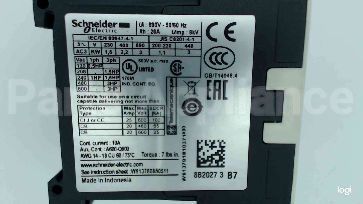 LC1K0610B7 Schneider Electric (Square D) 24V 6A 3P Mini Contactor