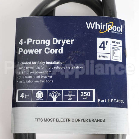 PT400L Whirlpool Dryer Cord - 4 Wire 30 Amp 4'