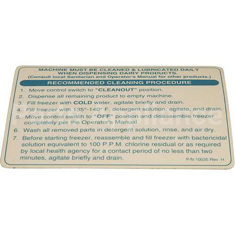 SS10035 Compatible Saniserv Saniserve Cleaning Decal