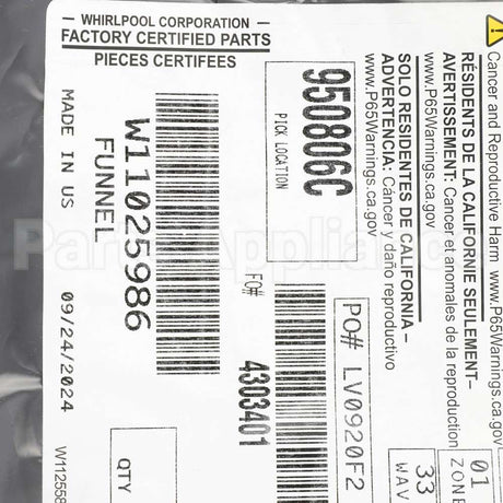 W11025986 Whirlpool Funnel